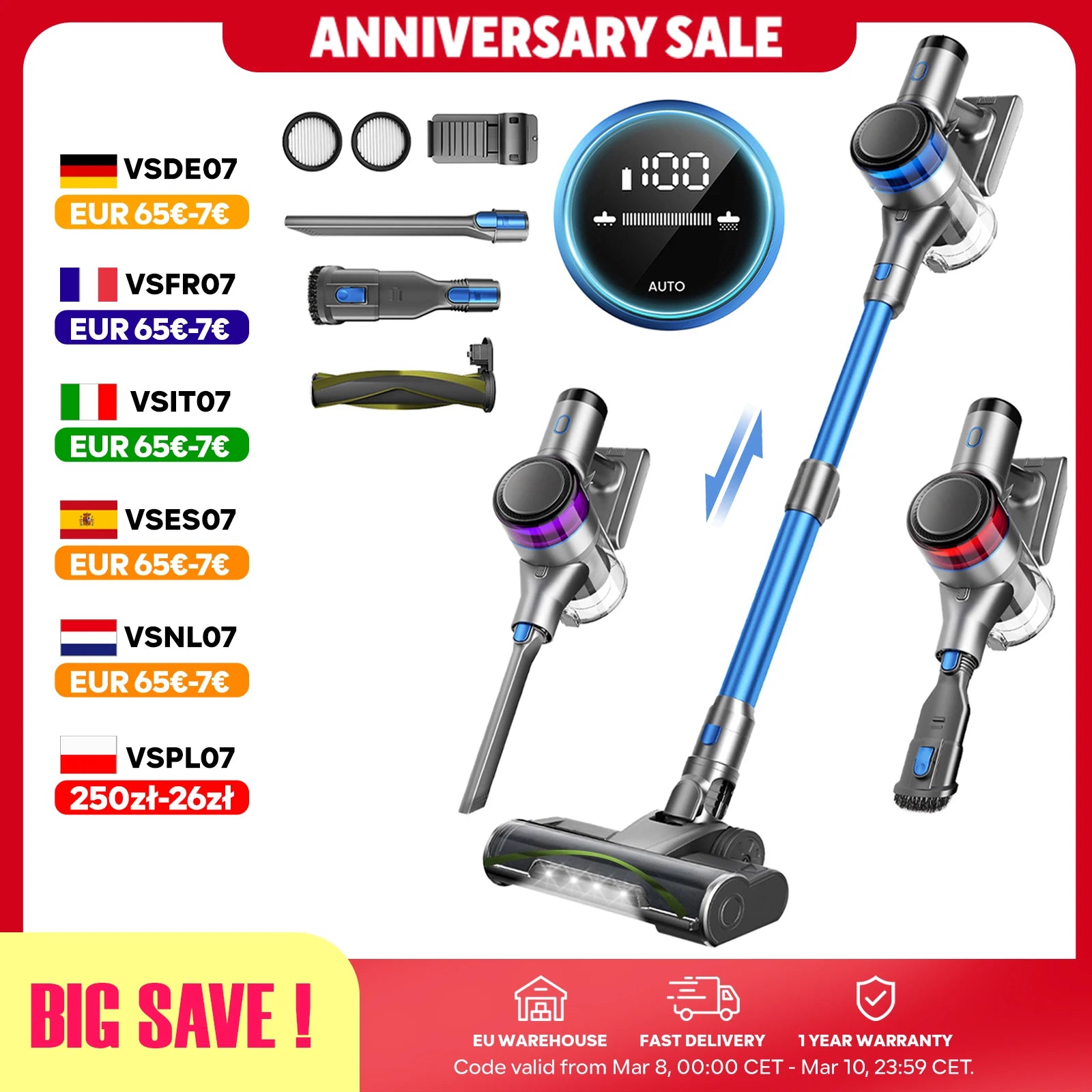 Inse S9X cordless vacuum cleaner, 55KPa, 1 L dust cup, light display battery, for animal hair, Carpet