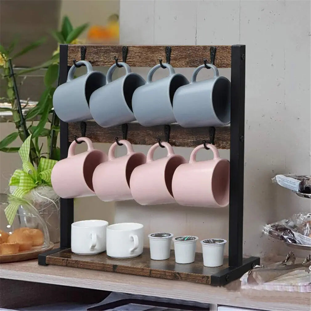 Vintage Wood Coffee Mug Holder Stand 2 Tier Countertop Mug Tree Holder Rack with 16 Hooks Hangers