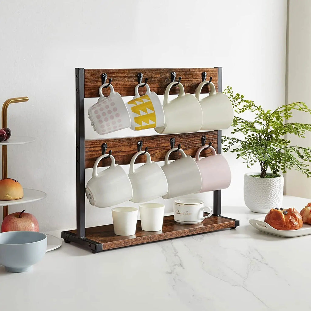 Vintage Wood Coffee Mug Holder Stand 2 Tier Countertop Mug Tree Holder Rack with 16 Hooks Hangers