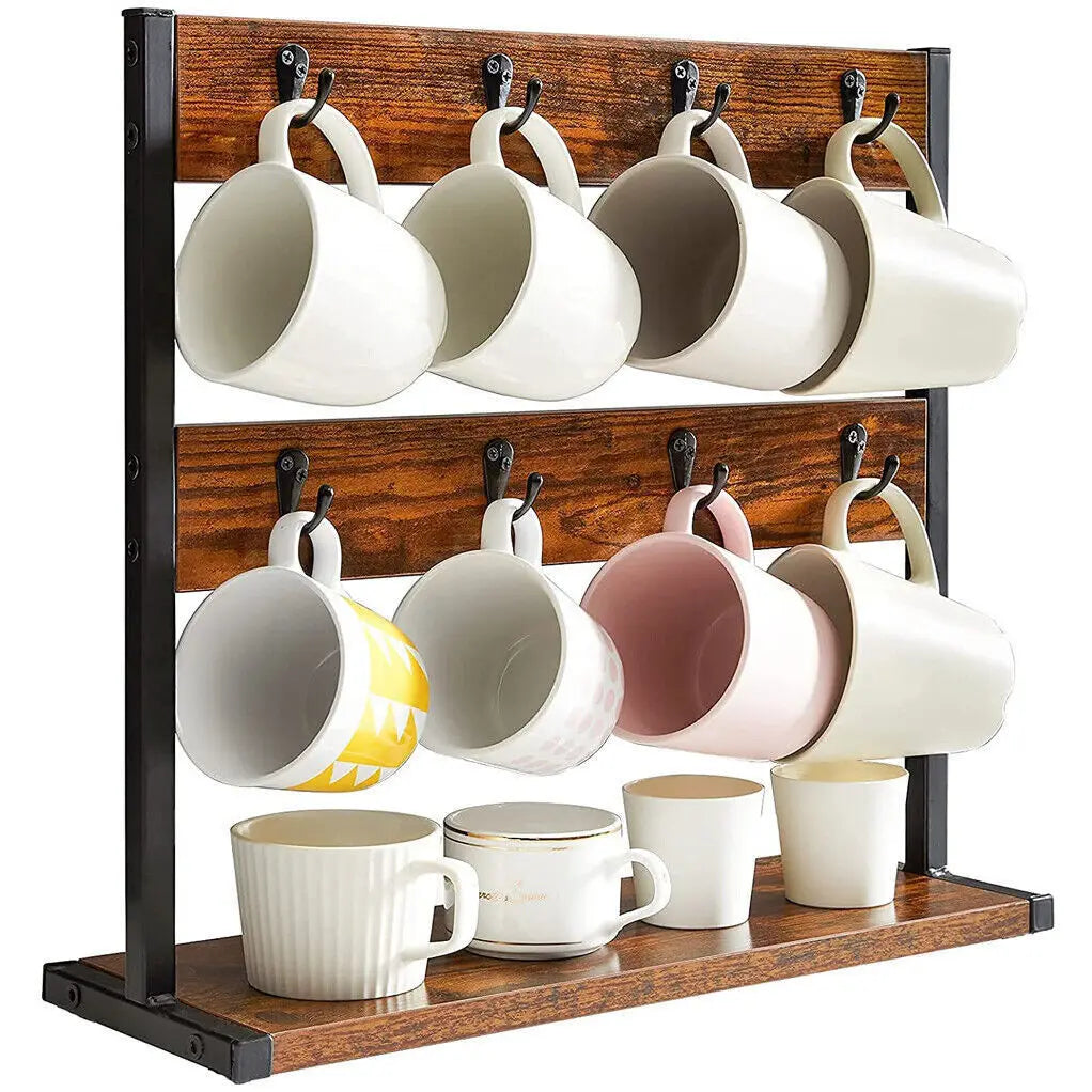 Vintage Wood Coffee Mug Holder Stand 2 Tier Countertop Mug Tree Holder Rack with 16 Hooks Hangers