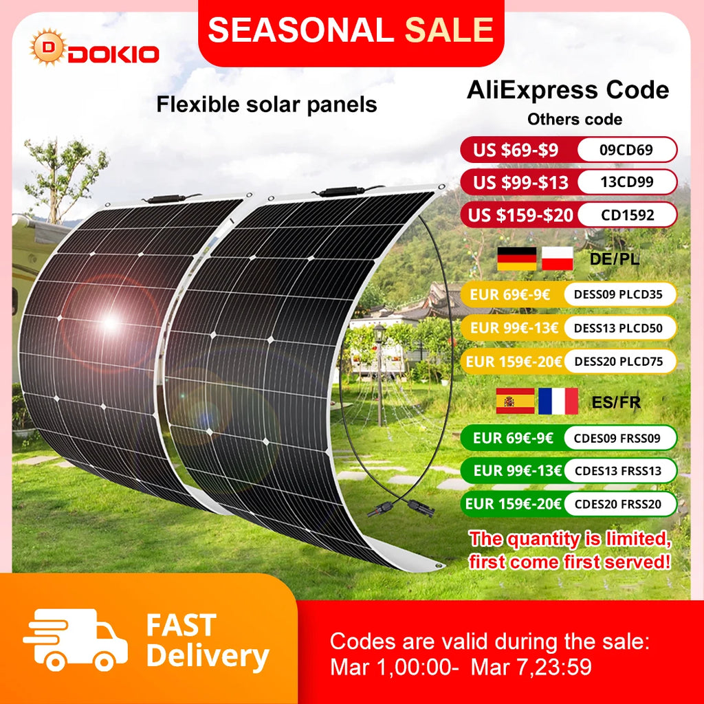 DOKIO 18V 200W/200W set Flexible Solar Panels Waterproof Monocrystalline Solar Panel Camping RV Home Charge 12V