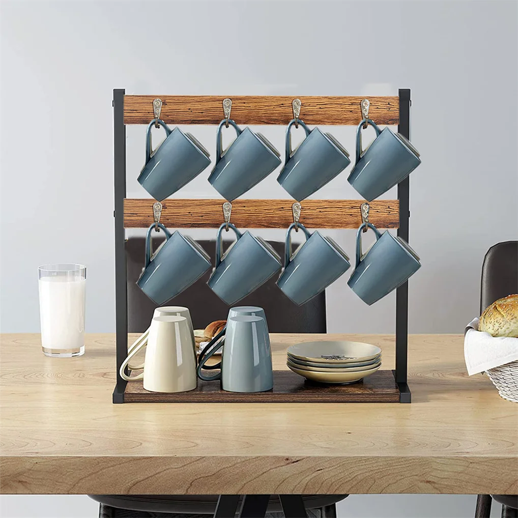 Vintage Wood Coffee Mug Holder Stand 2 Tier Countertop Mug Tree Holder Rack with 16 Hooks Hangers